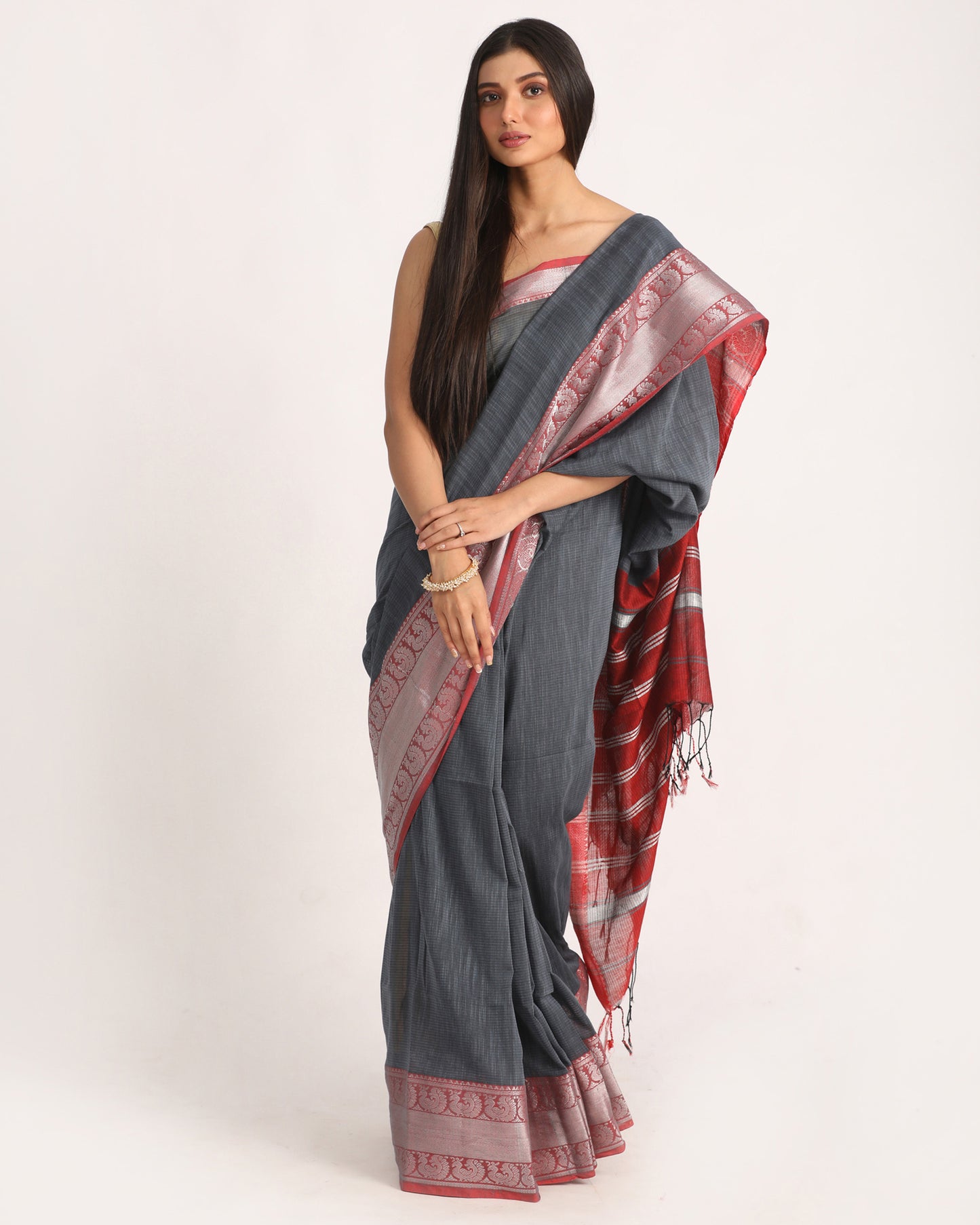 Deep Grey Handloom Cotton Tangail Saree