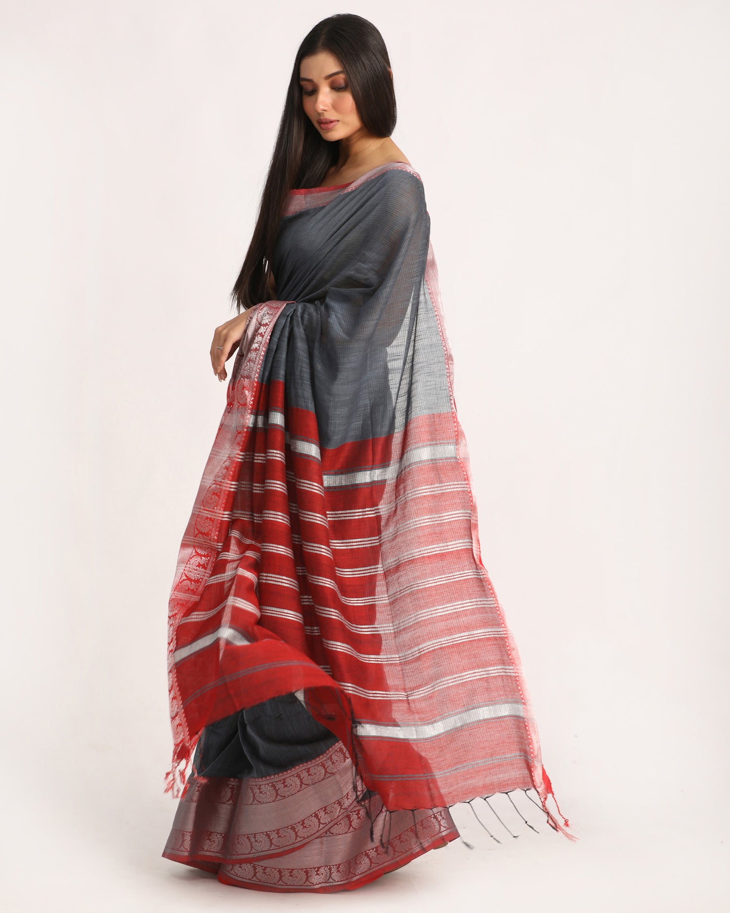 Deep Grey Handloom Cotton Tangail Saree