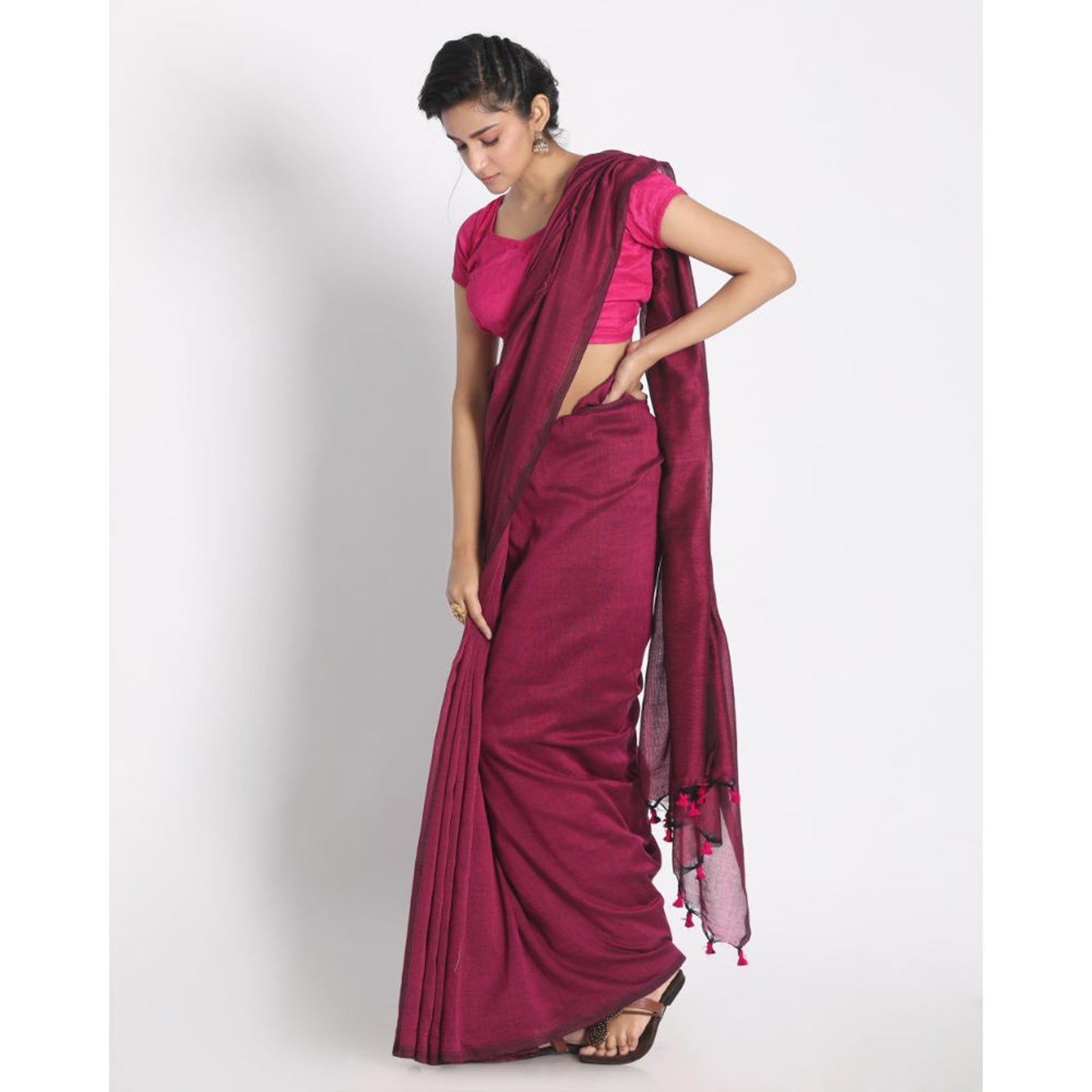 Pink magenta handspun handloom cotton saree