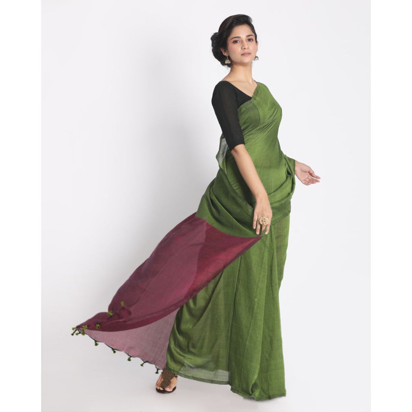 Olive handspun cotton handloom saree