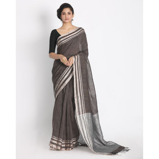 Silver Zari Border Umber Linen Saree Silver