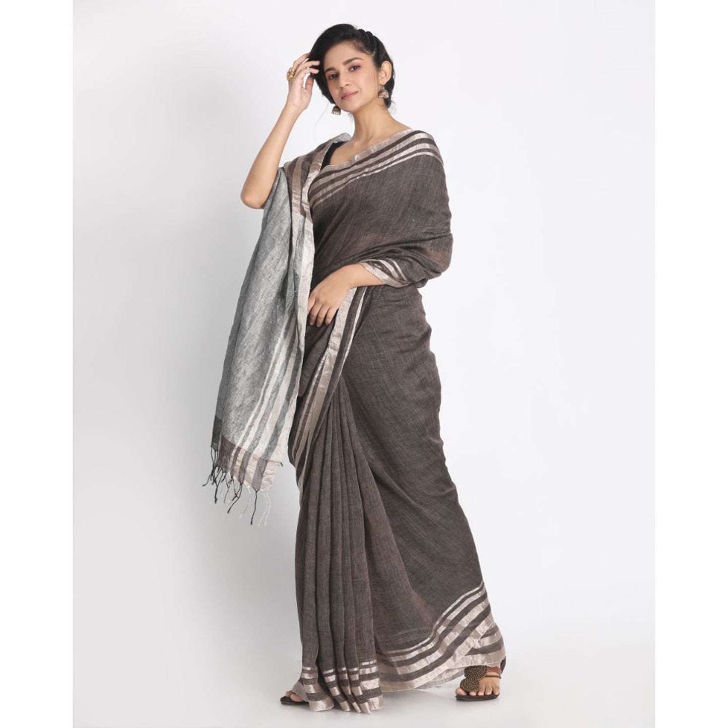 Silver Zari Border Umber Linen Saree Silver