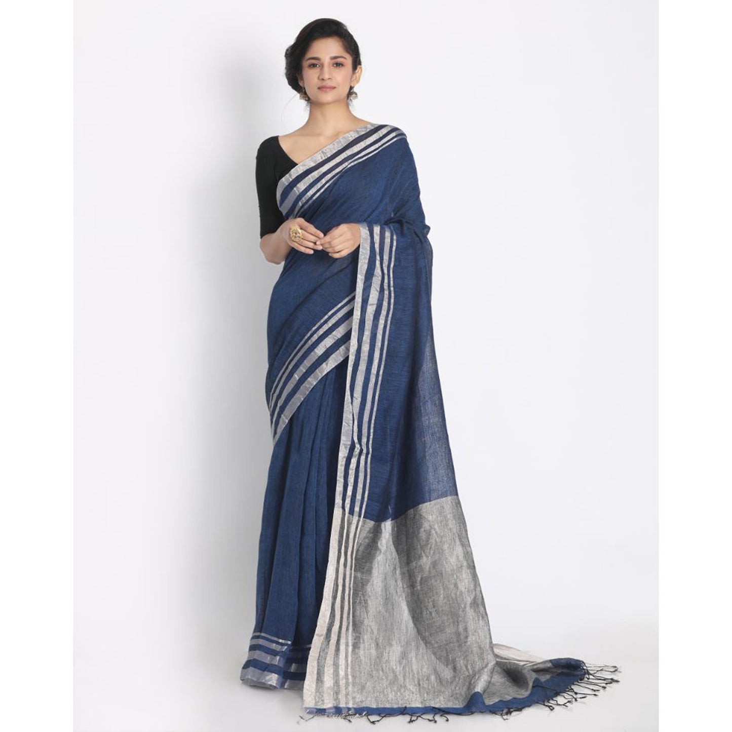 Silver Zari Border Blue Linen Saree