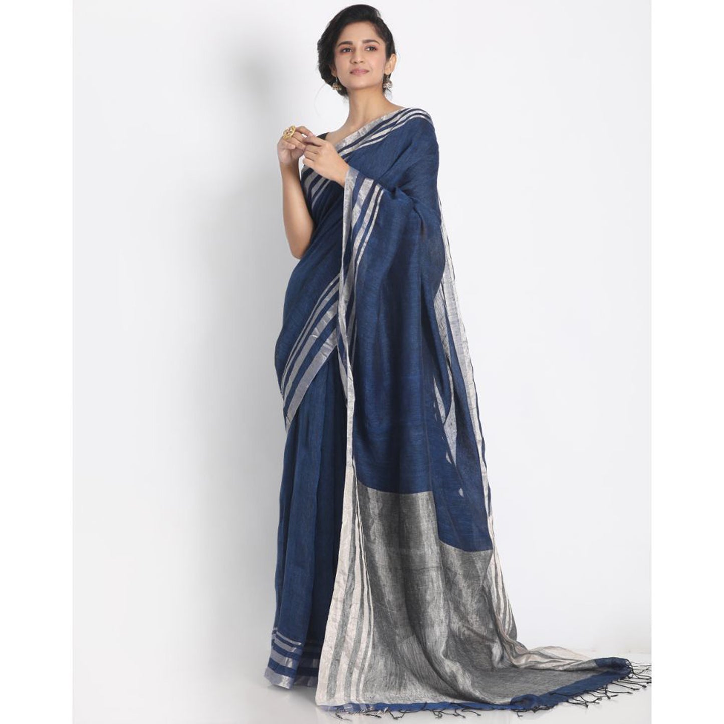 Silver Zari Border Blue Linen Saree