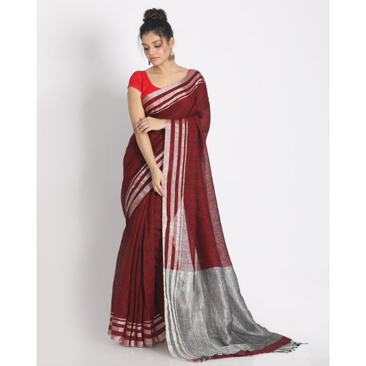 Silver Zari Border Maroon Linen Saree