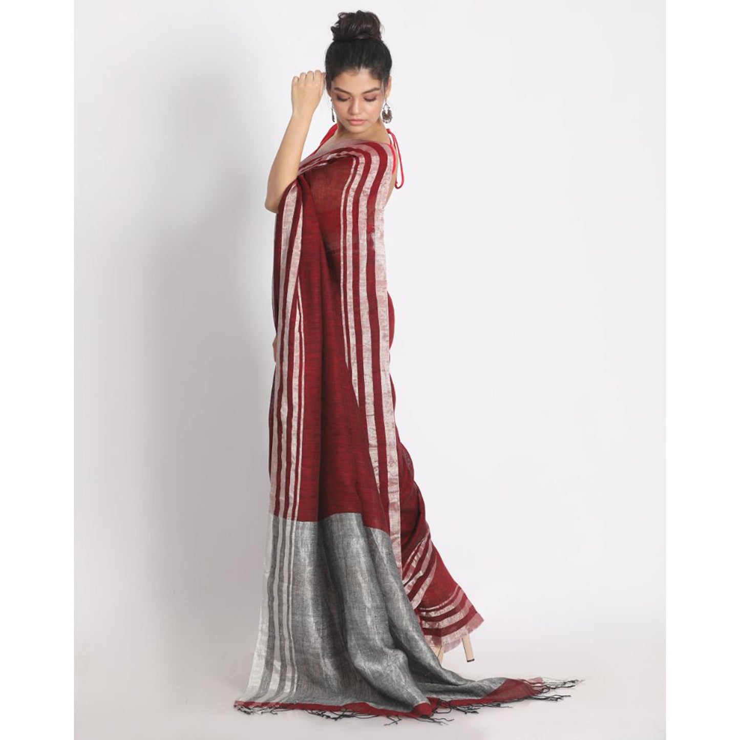 Silver Zari Border Maroon Linen Saree