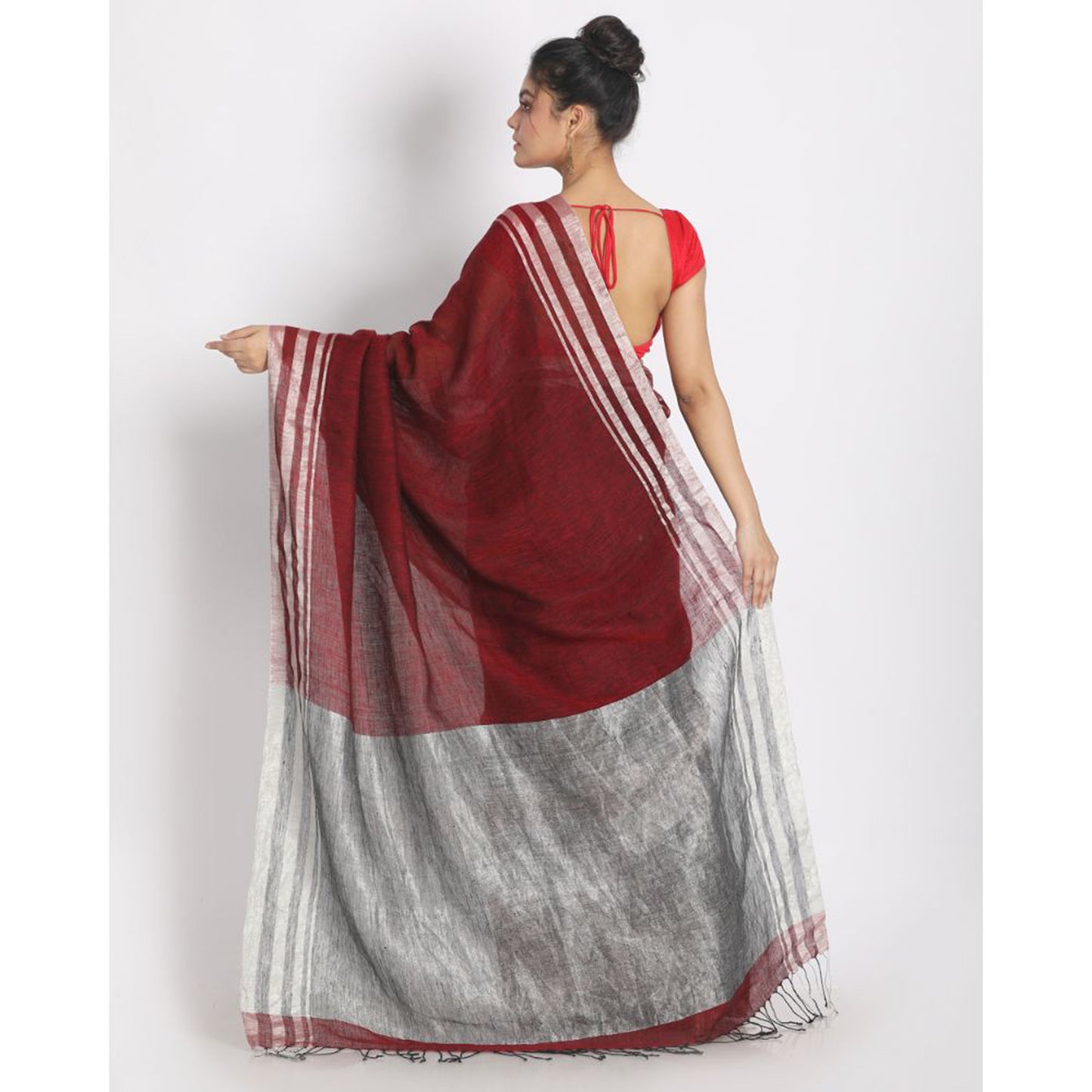 Silver Zari Border Maroon Linen Saree