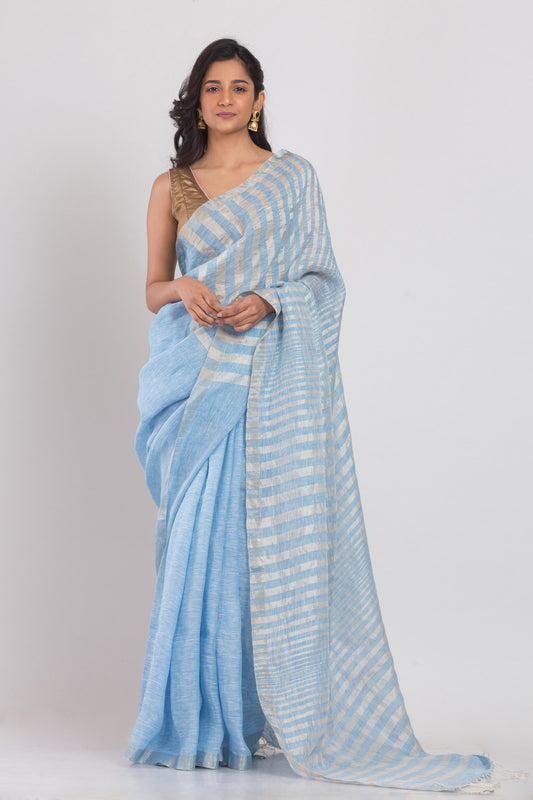 Sky blue Linen Saree With Silver Zari Pallu And Border