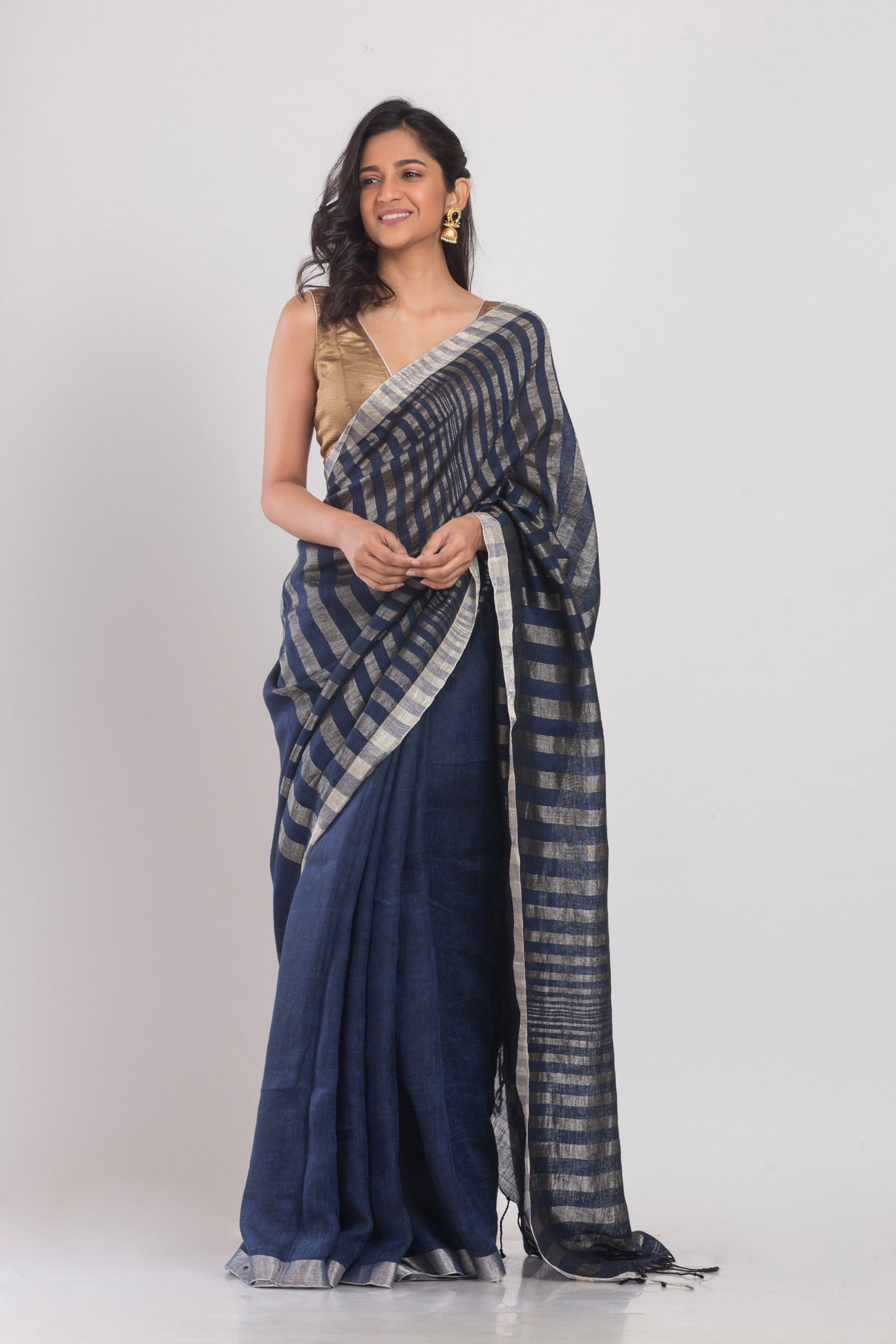 Navy Blue Linen Saree With Silver Zari Pallu And Border