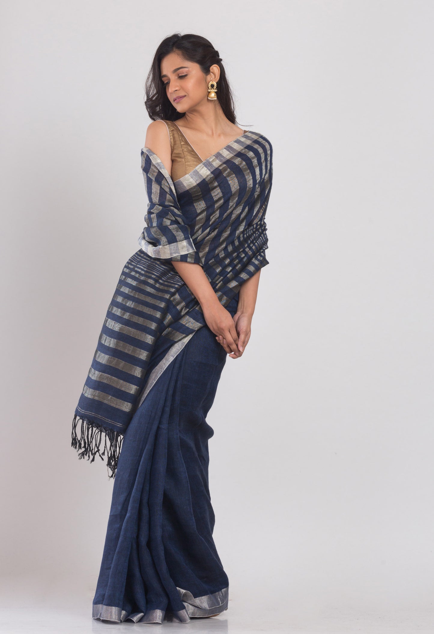 Navy Blue Linen Saree With Silver Zari Pallu And Border