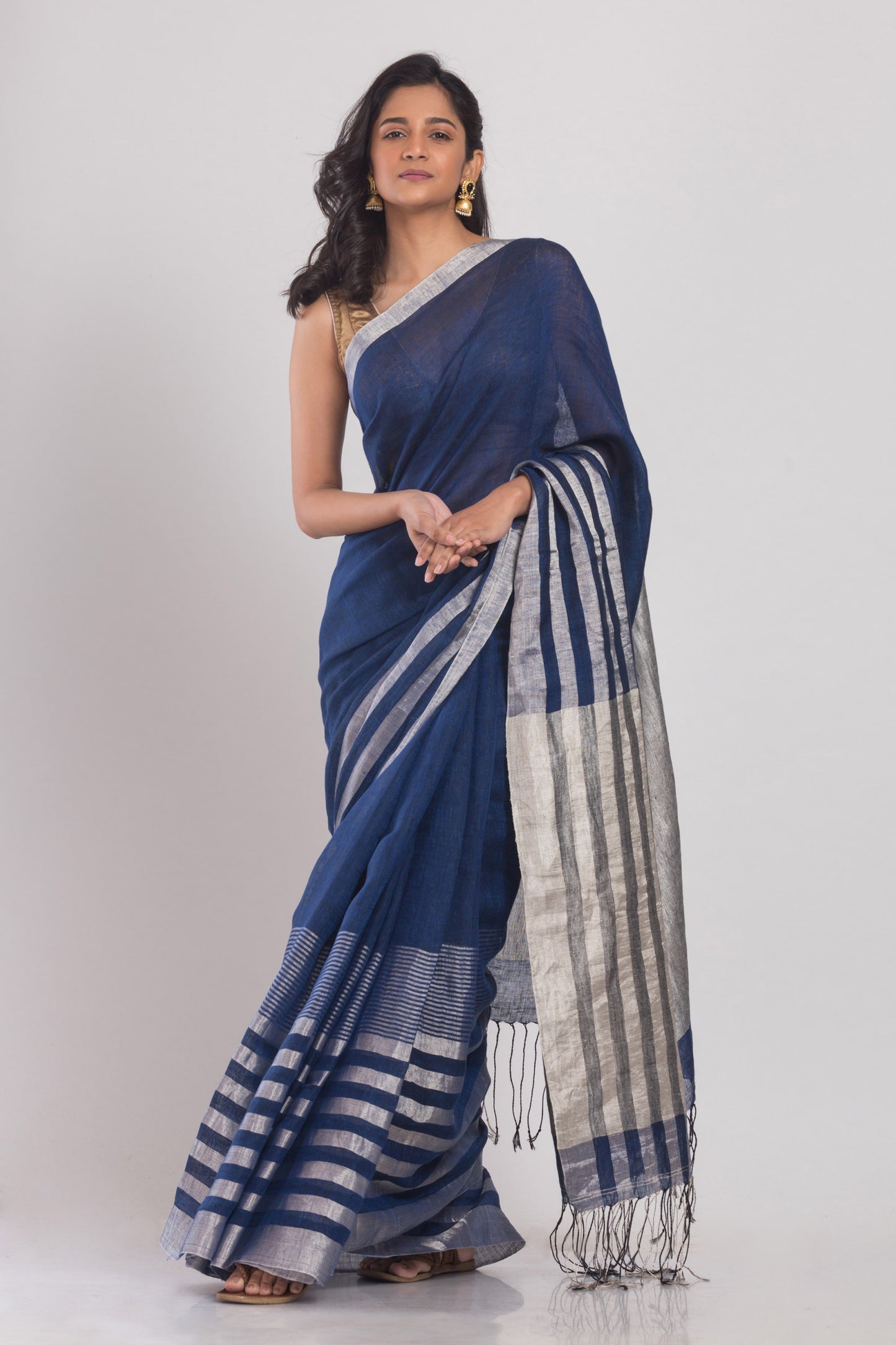 Blue Linen Saree With Silver Zari Pallu And Border