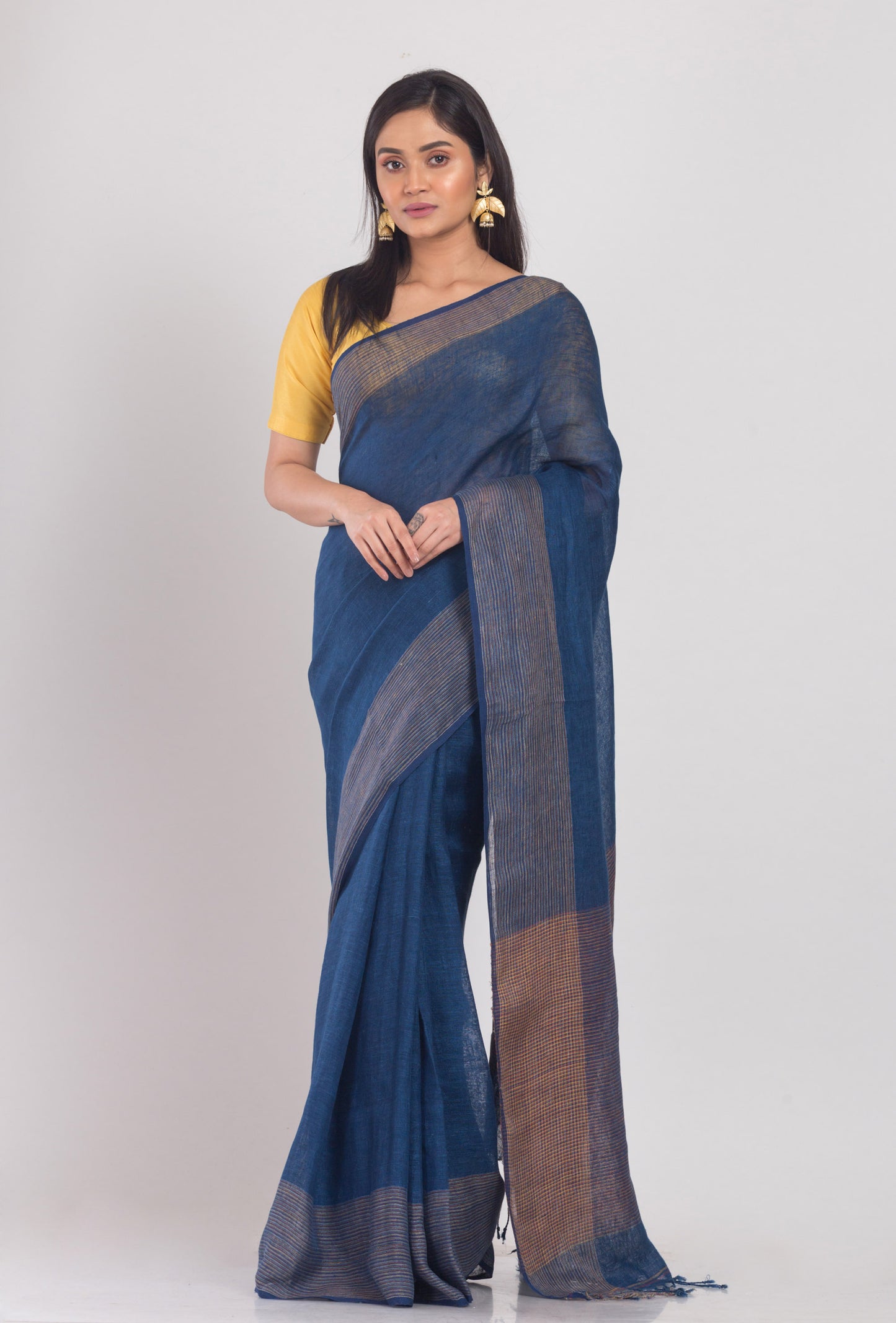 Navy Blue Handloom Linen Saree