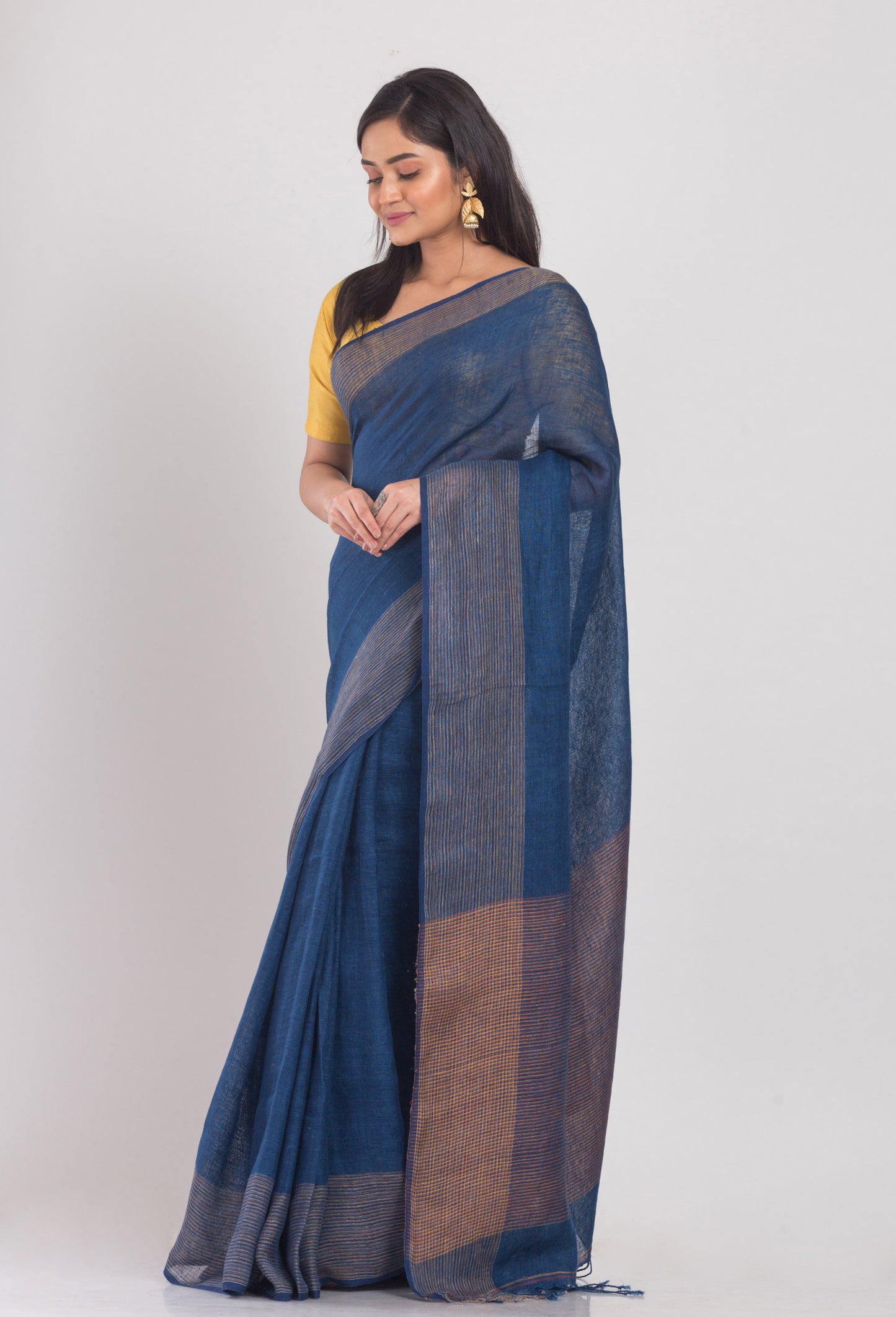 Navy Blue Handloom Linen Saree