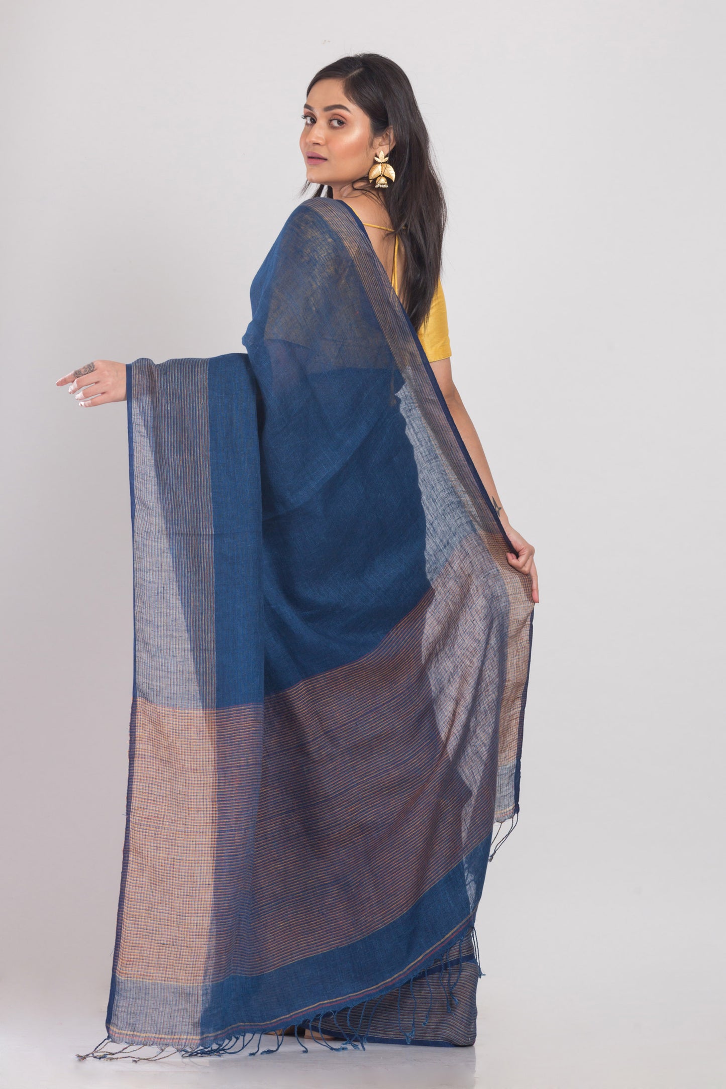 Navy Blue Handloom Linen Saree