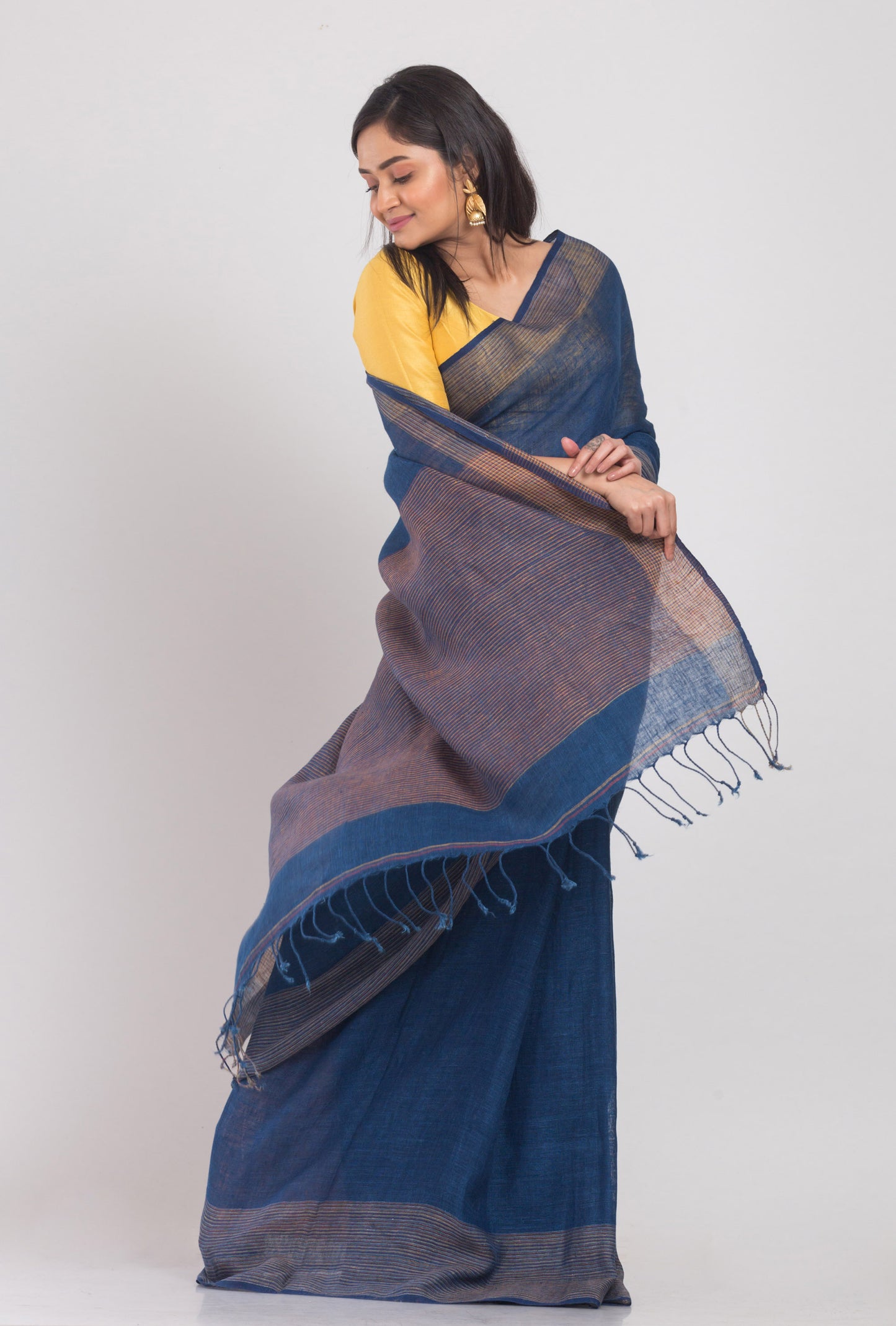 Navy Blue Handloom Linen Saree