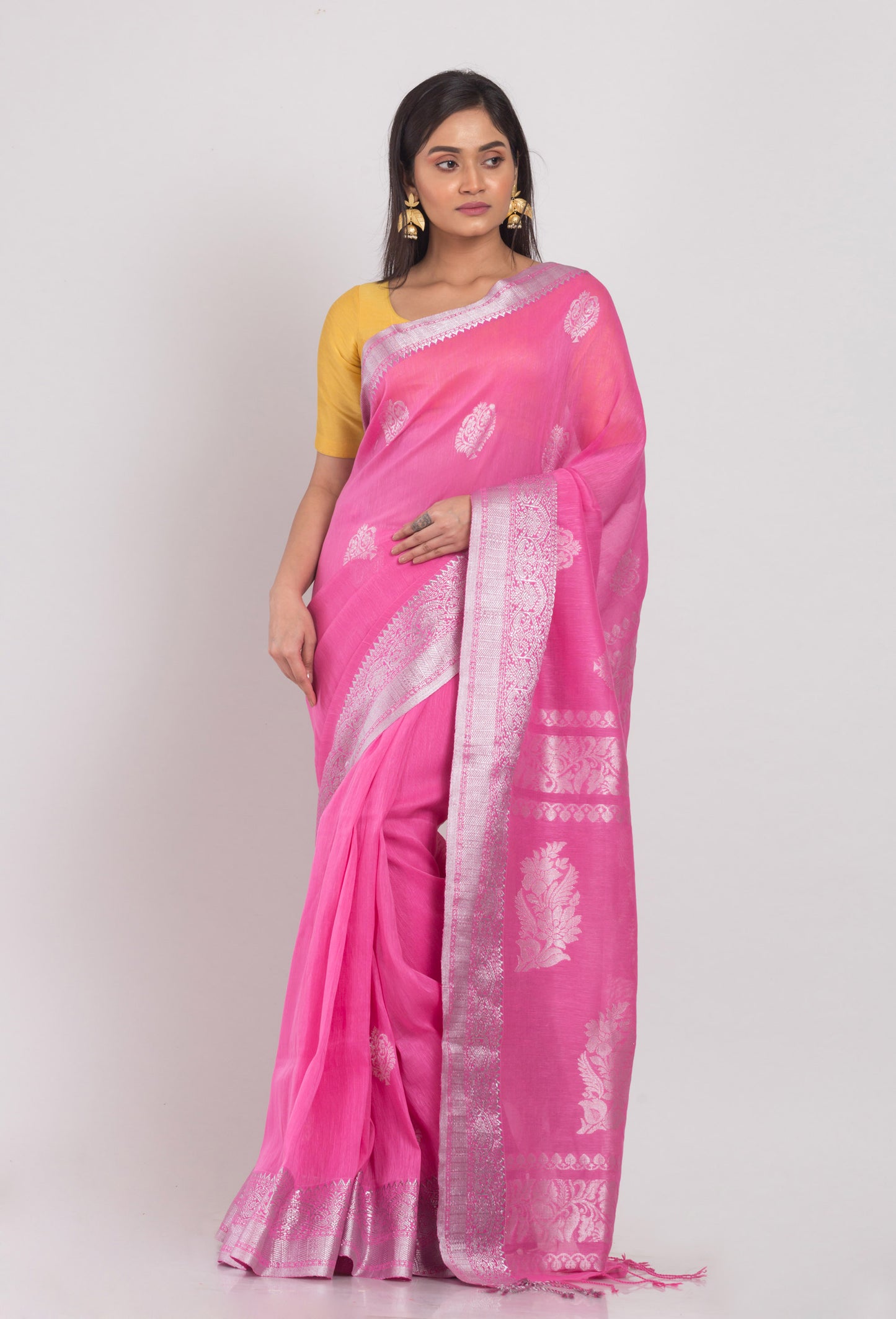 Pink Cotton Linen Jamdani Saree