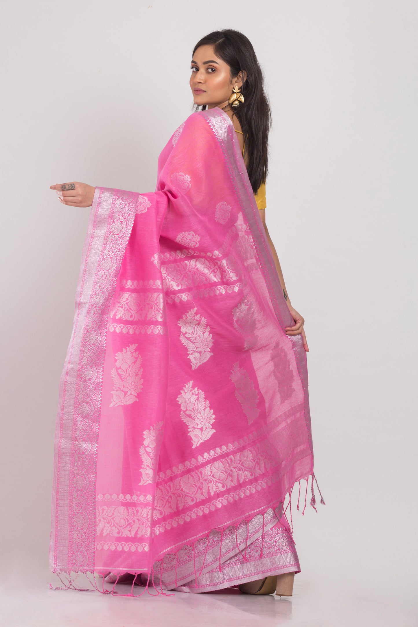 Pink Cotton Linen Jamdani Saree