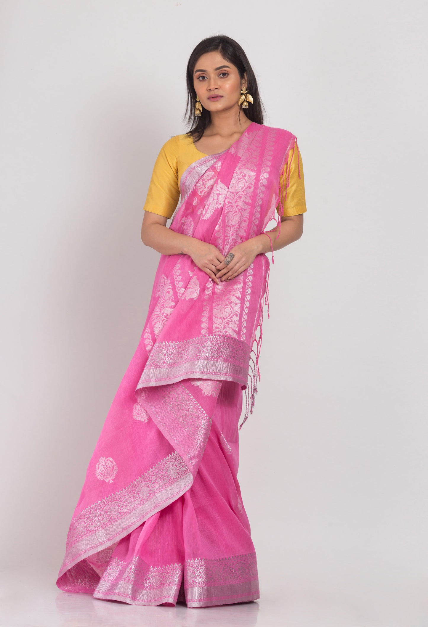 Pink Cotton Linen Jamdani Saree