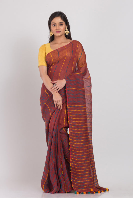 Brown Handloom Linen Saree