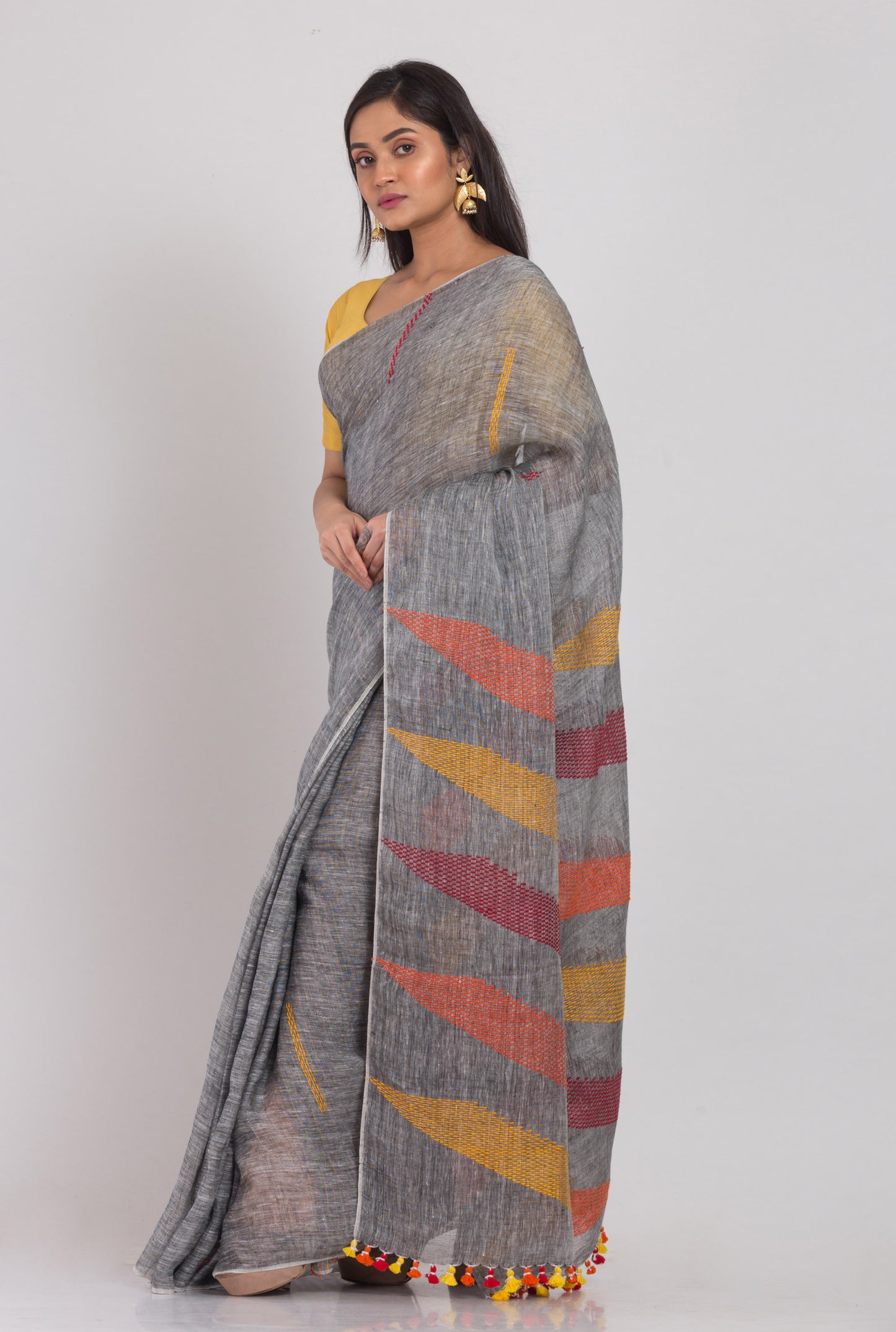 Grey Handloom Linen Saree