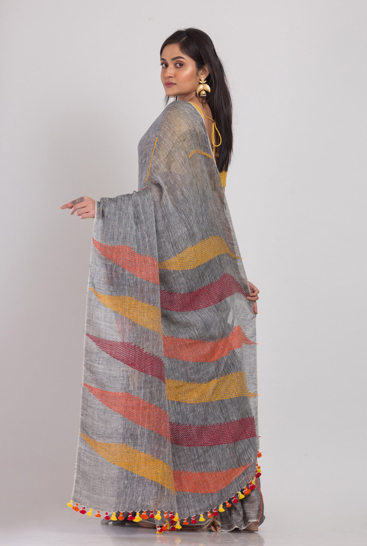 Grey Handloom Linen Saree