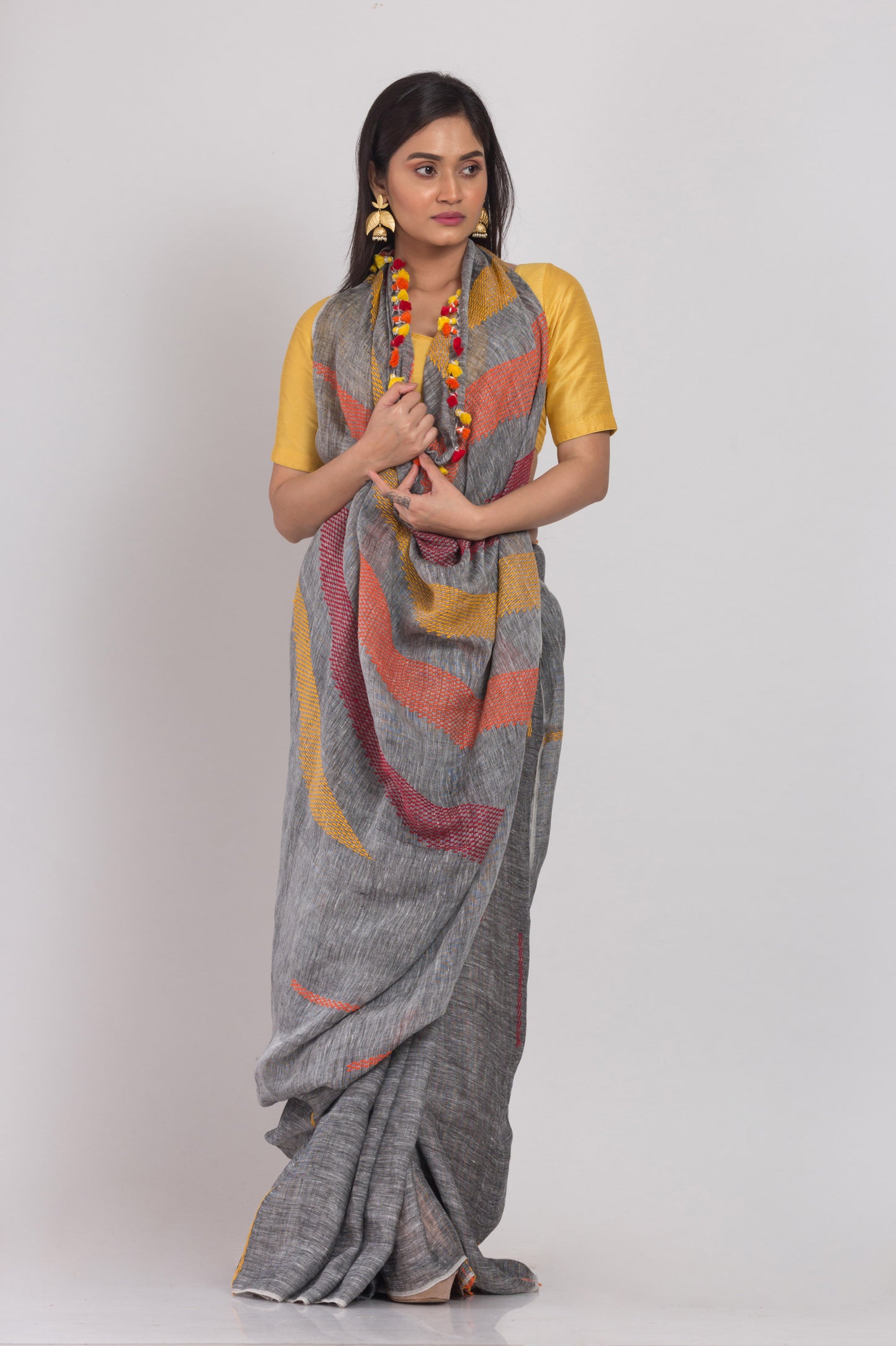 Grey Handloom Linen Saree