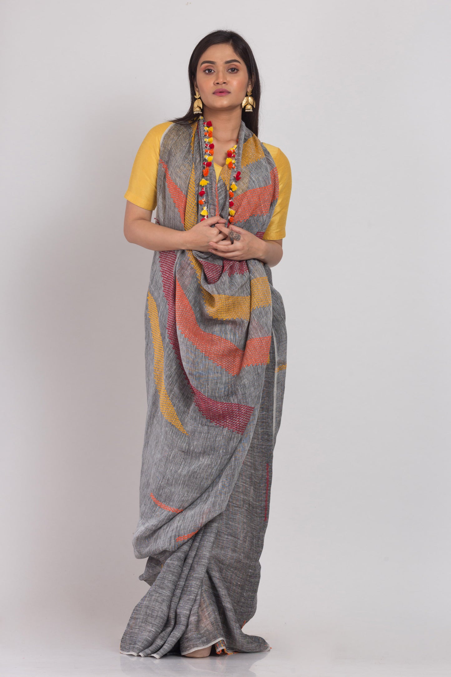 Grey Handloom Linen Saree