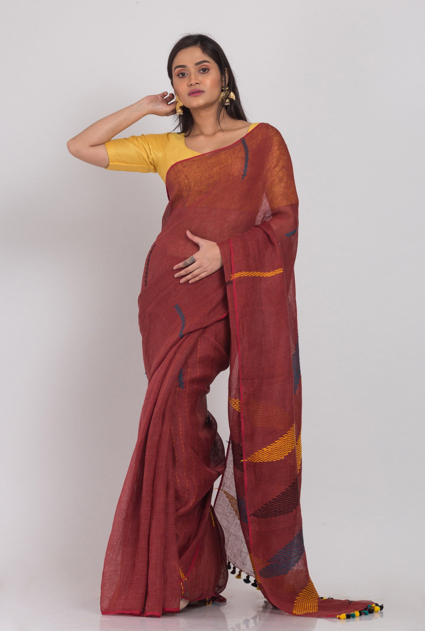 Brown Handloom Linen Saree