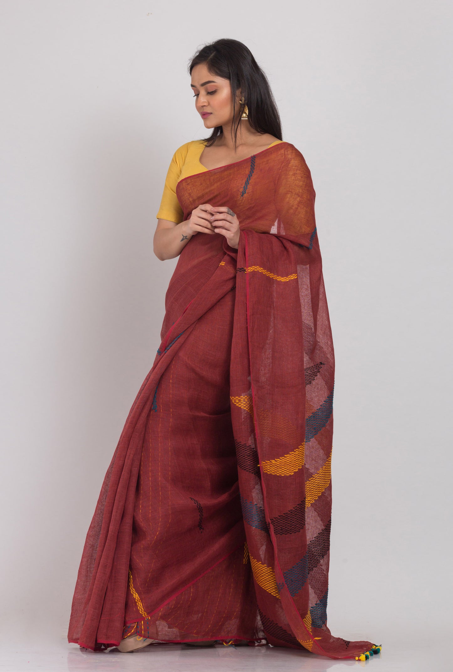 Brown Handloom Linen Saree