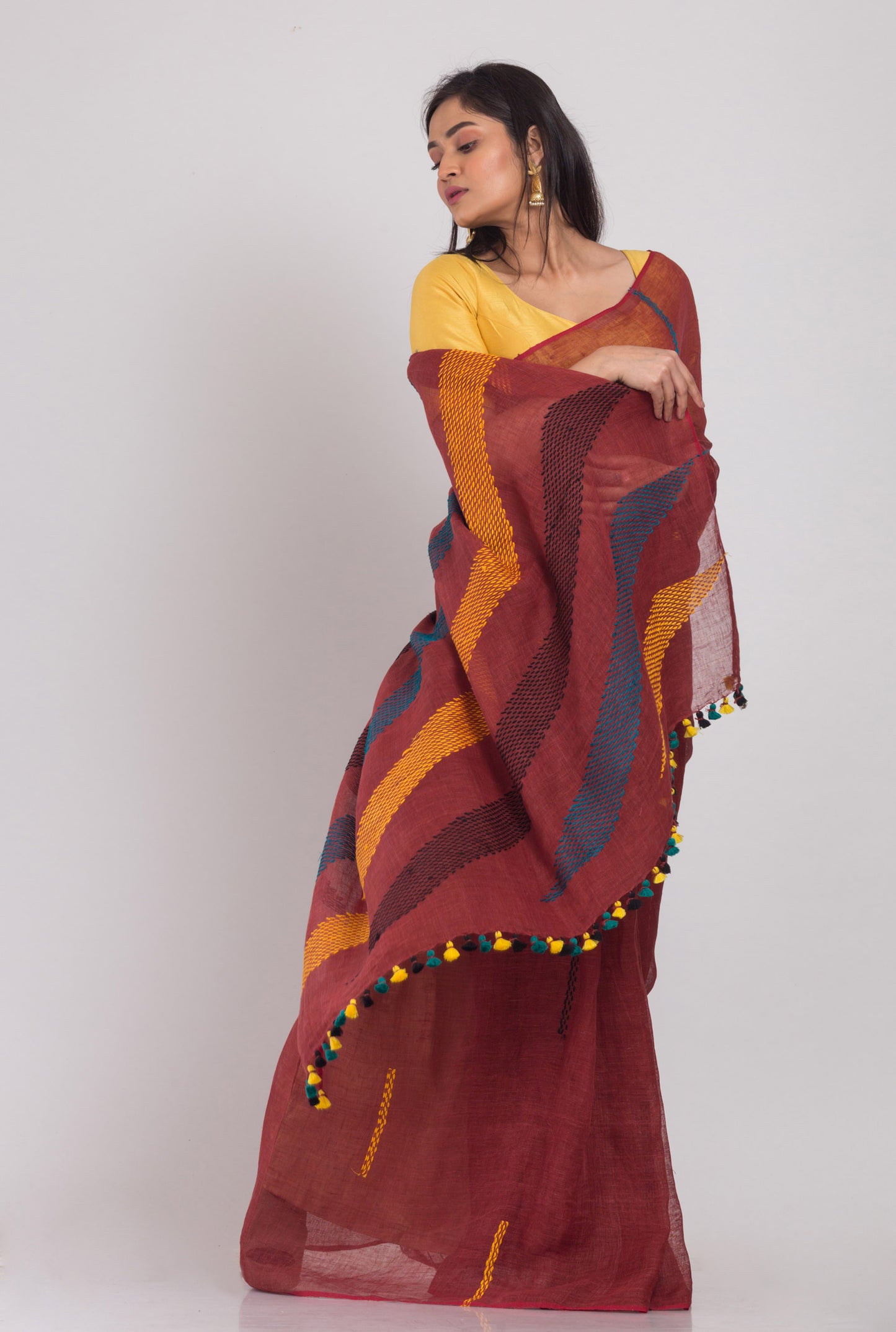 Brown Handloom Linen Saree