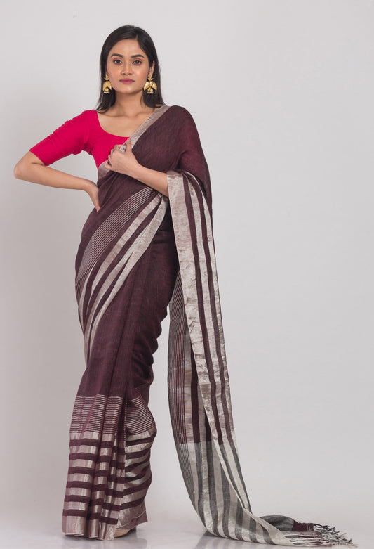 Deep Coffee Handloom Linen Saree