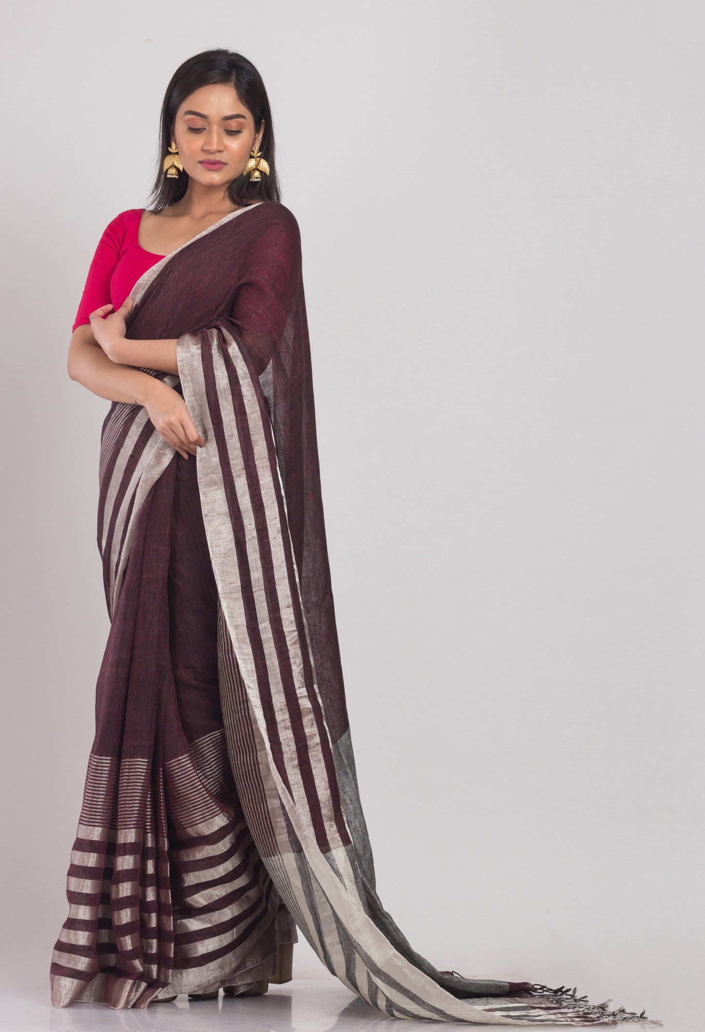 Deep Coffee Handloom Linen Saree