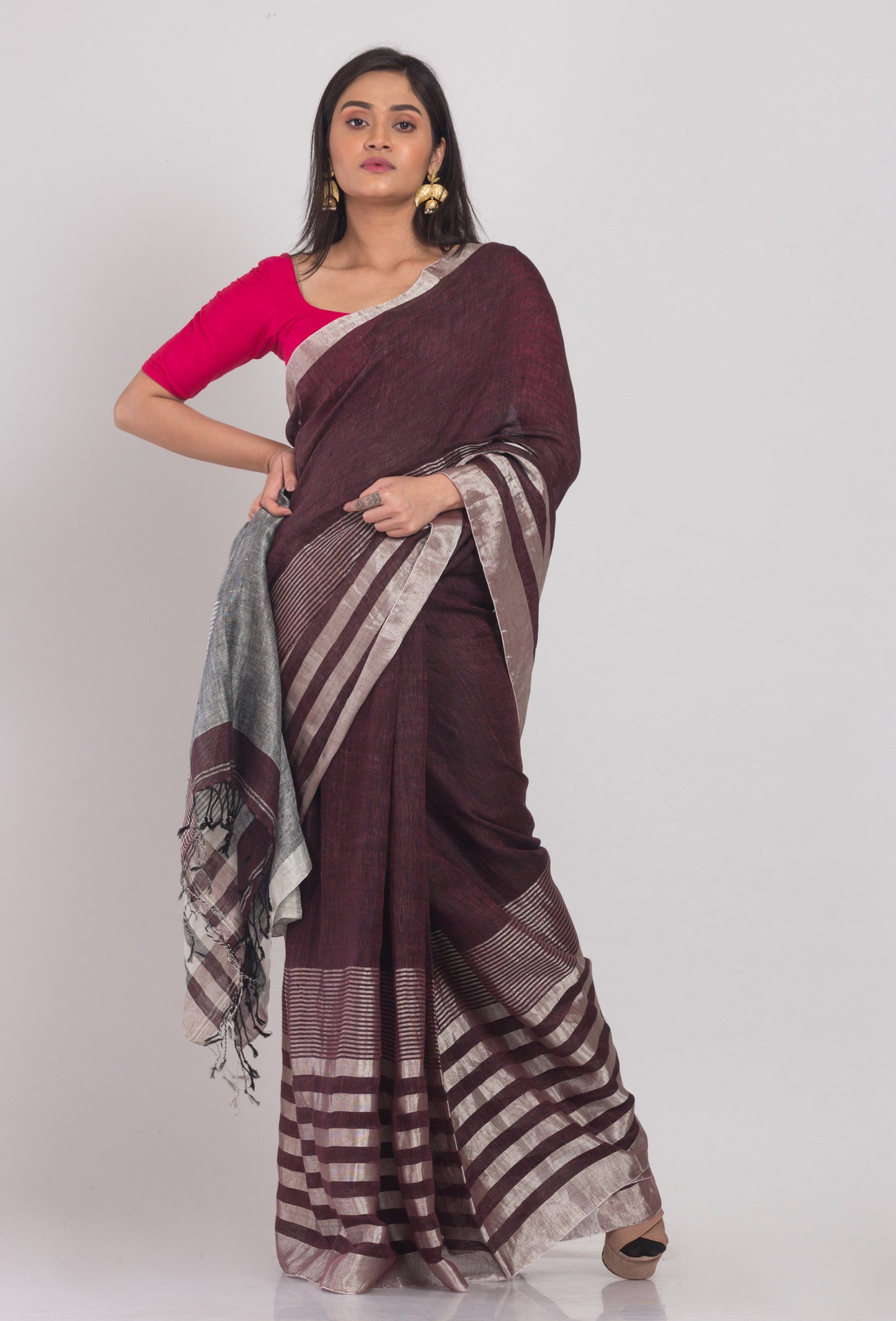 Deep Coffee Handloom Linen Saree