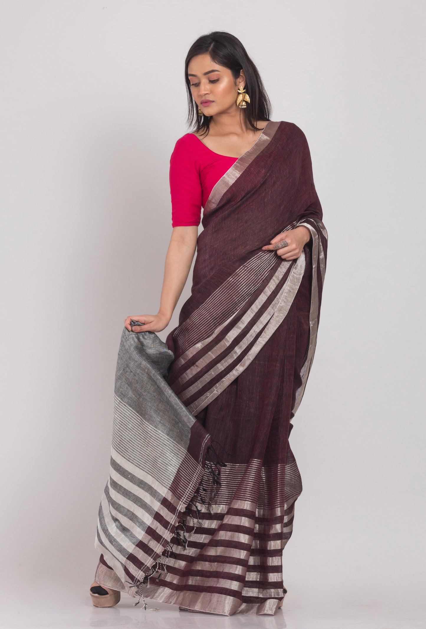 Deep Coffee Handloom Linen Saree