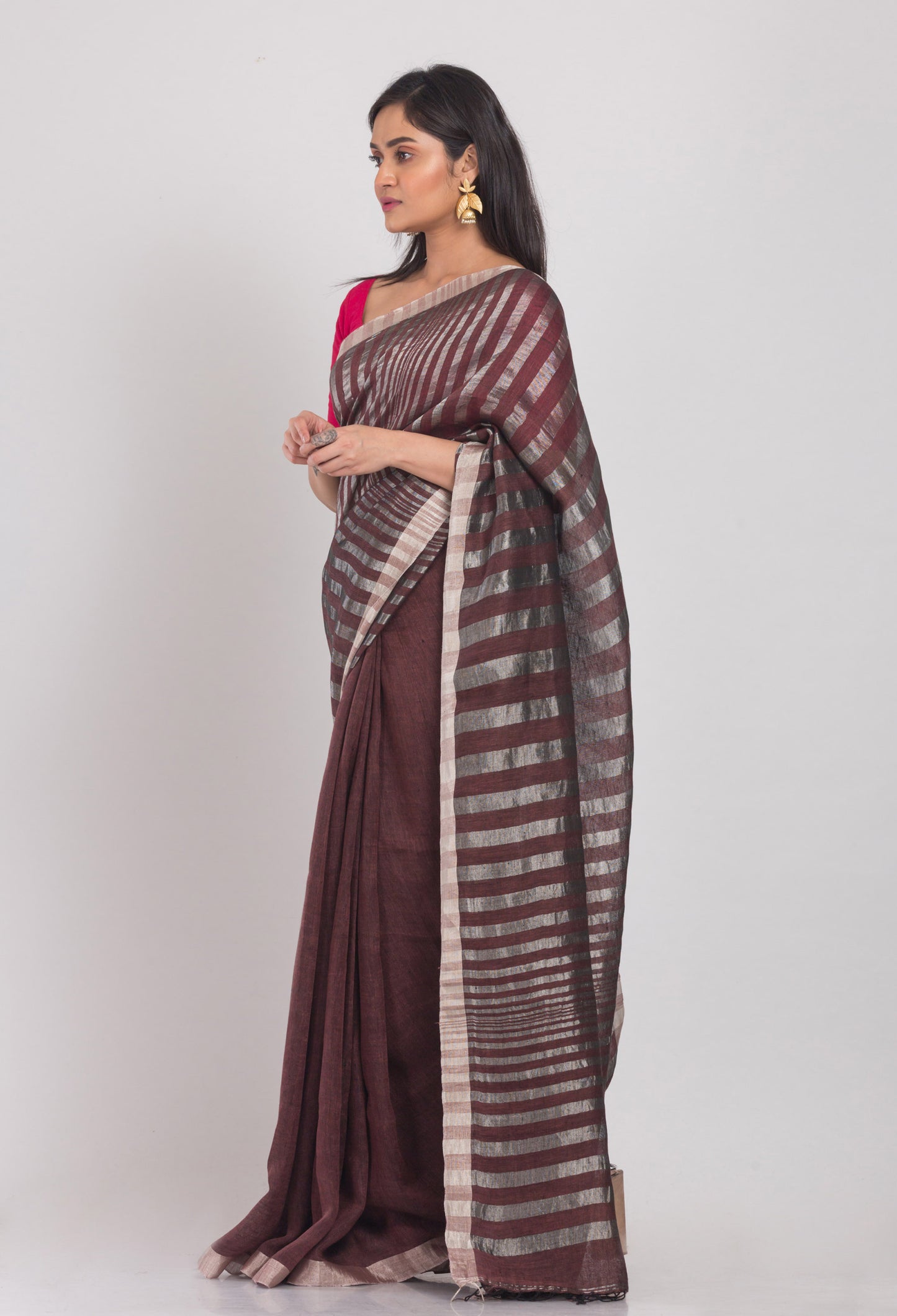 Coffee Handloom Linen Saree