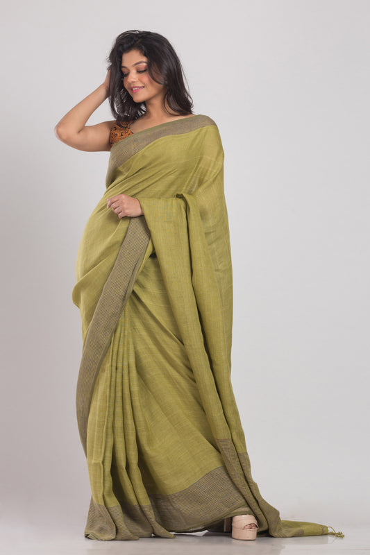 Olive Green Handwoven Linen Saree