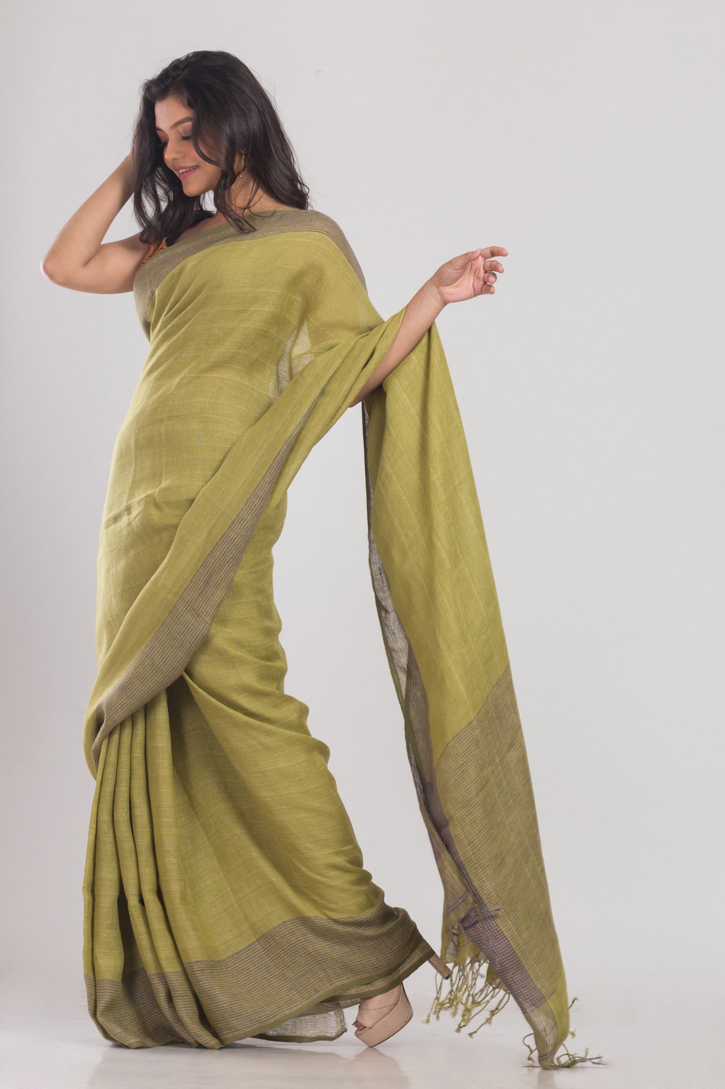 Olive Green Handwoven Linen Saree