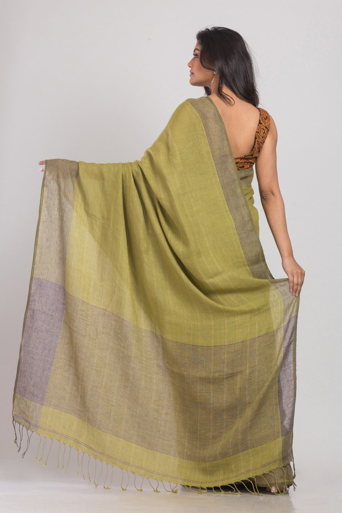 Olive Green Handwoven Linen Saree