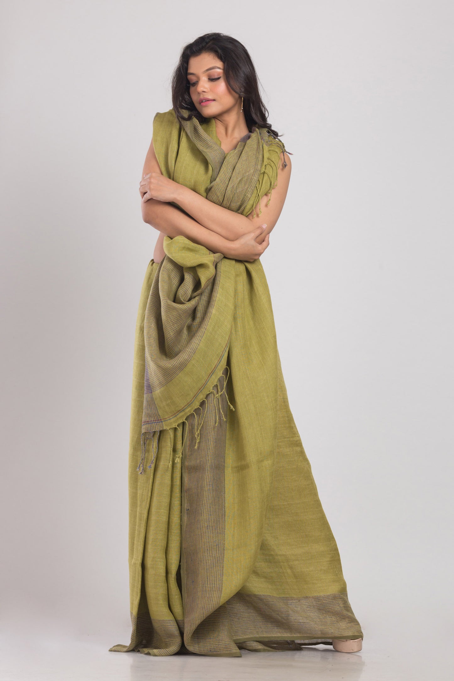 Olive Green Handwoven Linen Saree