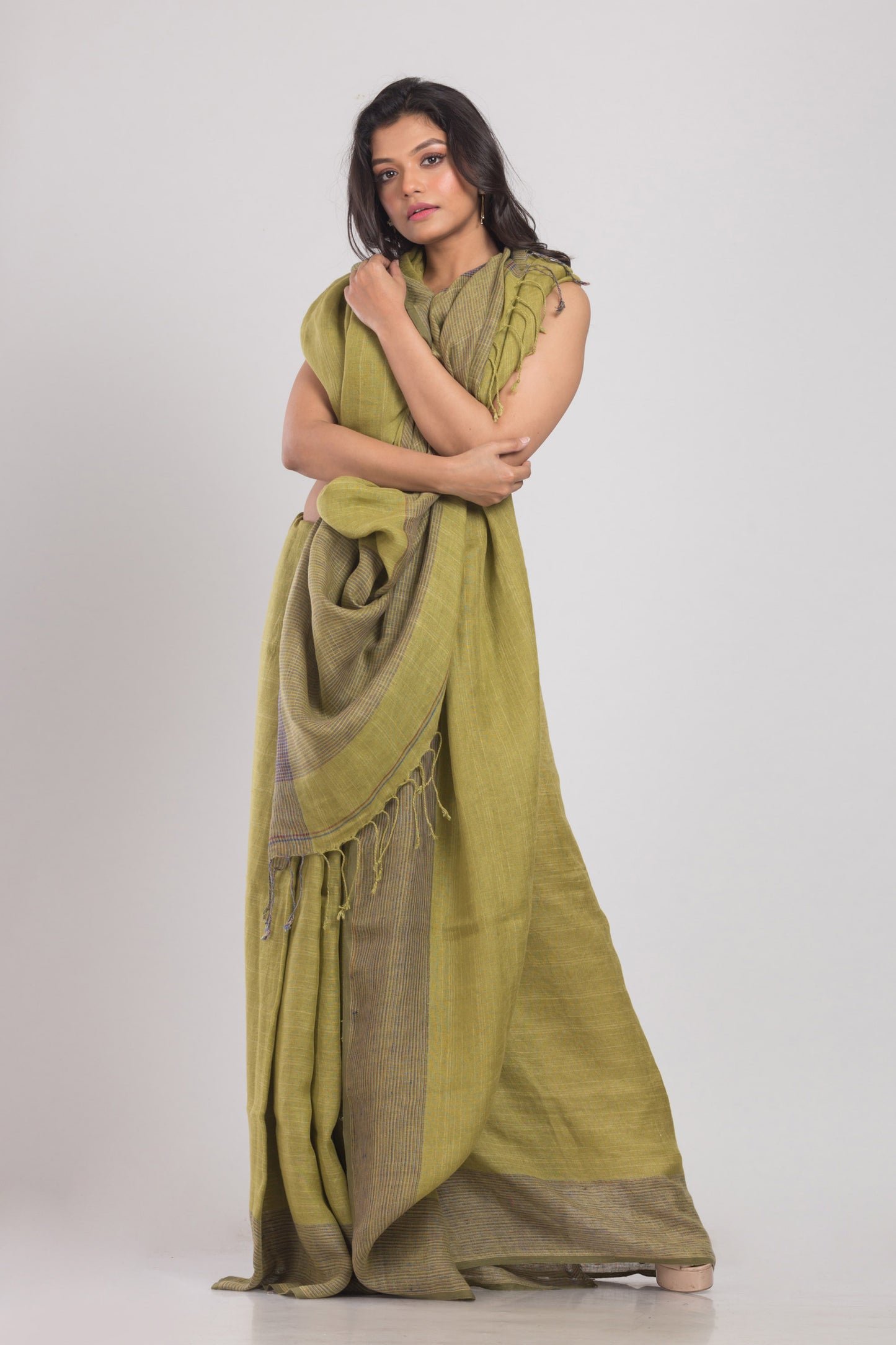 Olive Green Handwoven Linen Saree