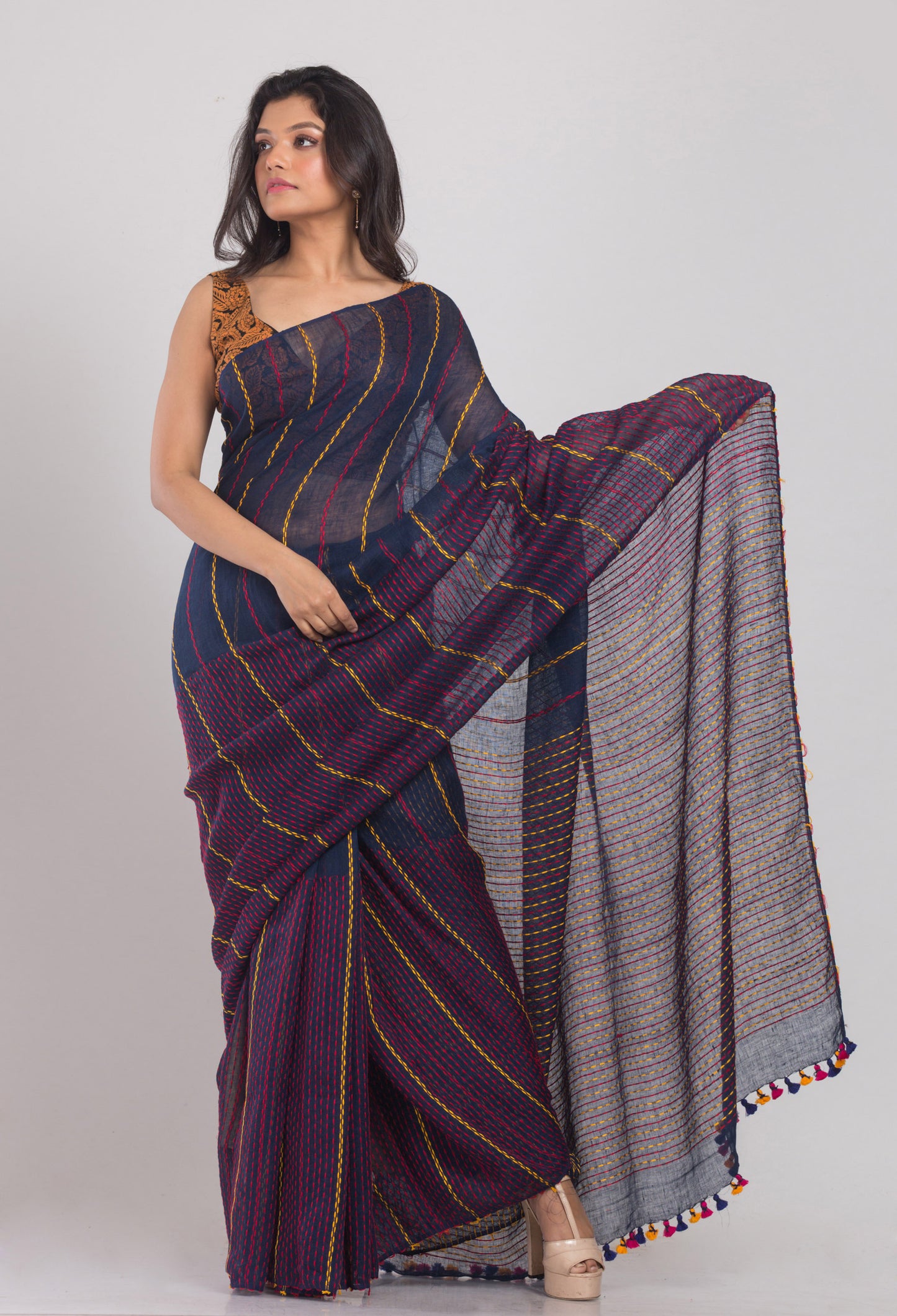 Blue Handwoven Linen Saree