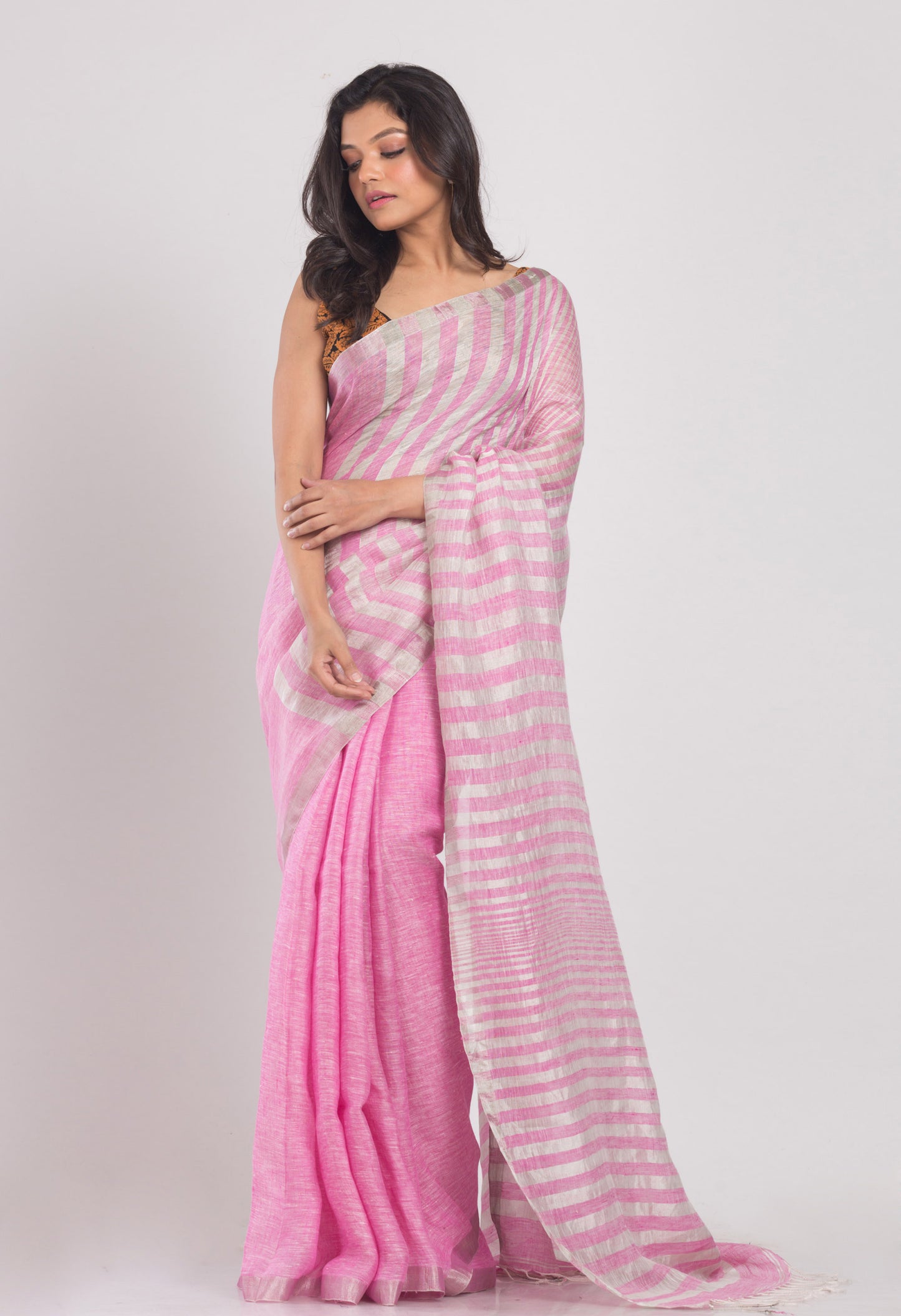 Pink Handwoven Linen Saree