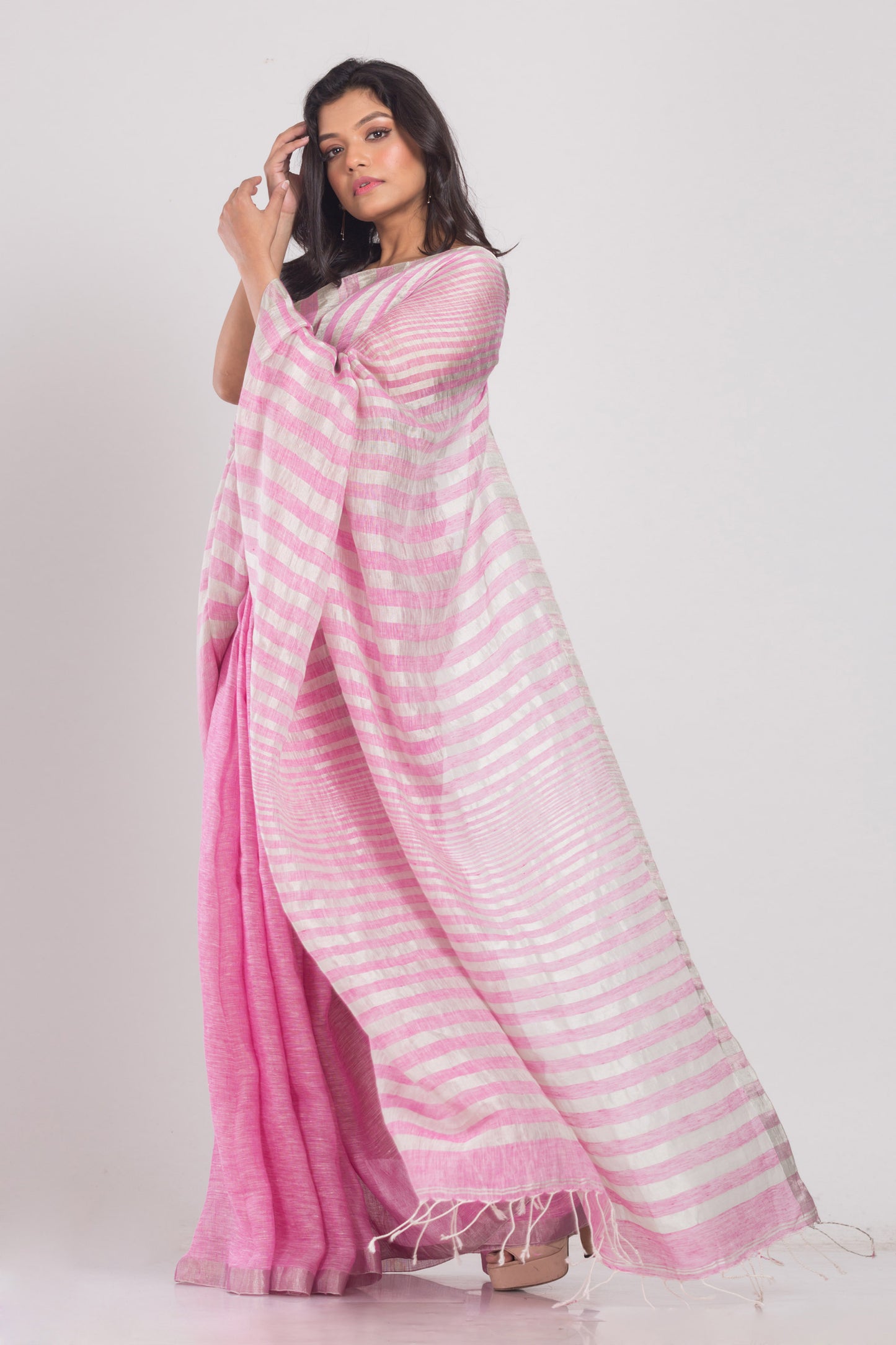 Pink Handwoven Linen Saree