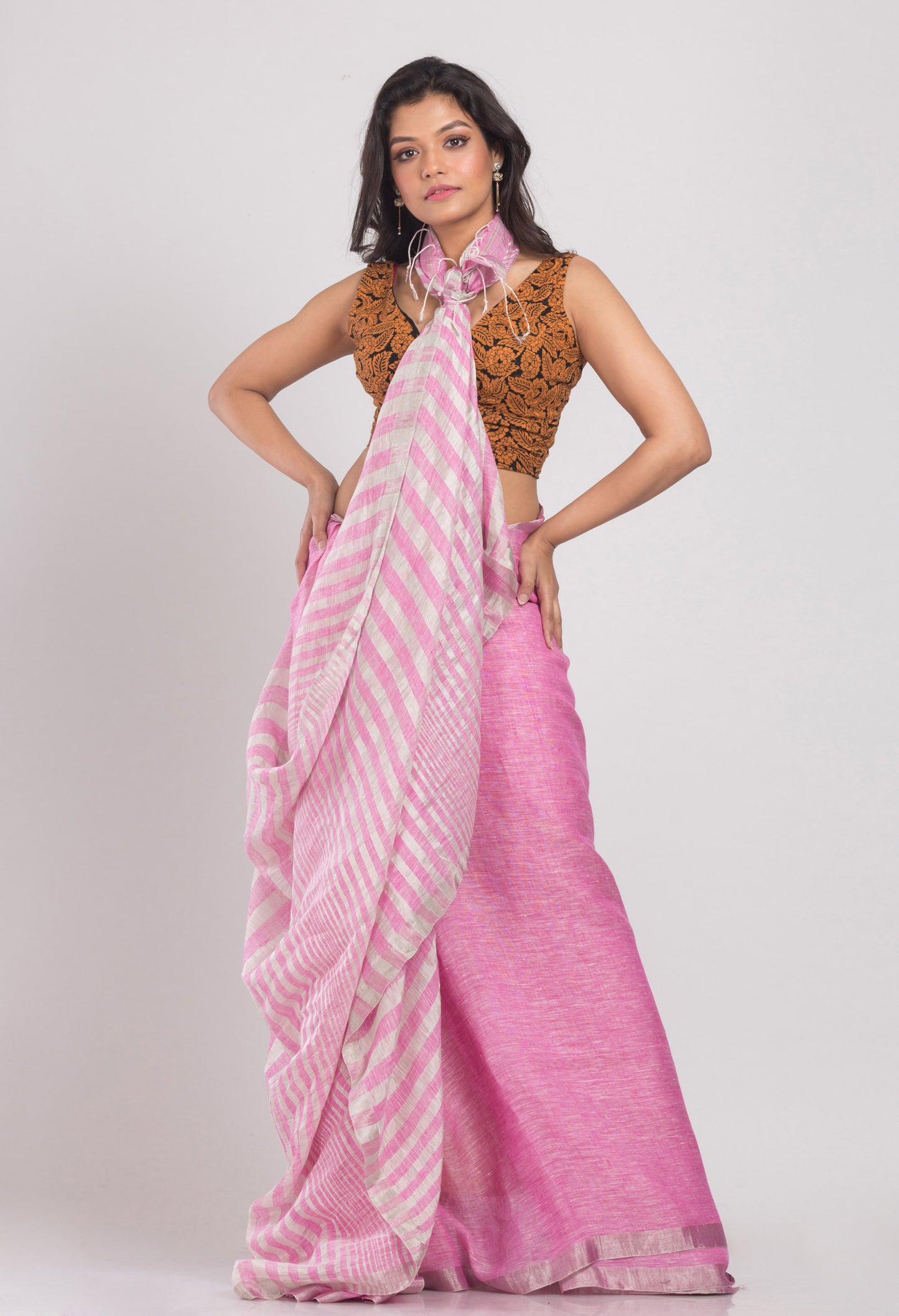 Pink Handwoven Linen Saree