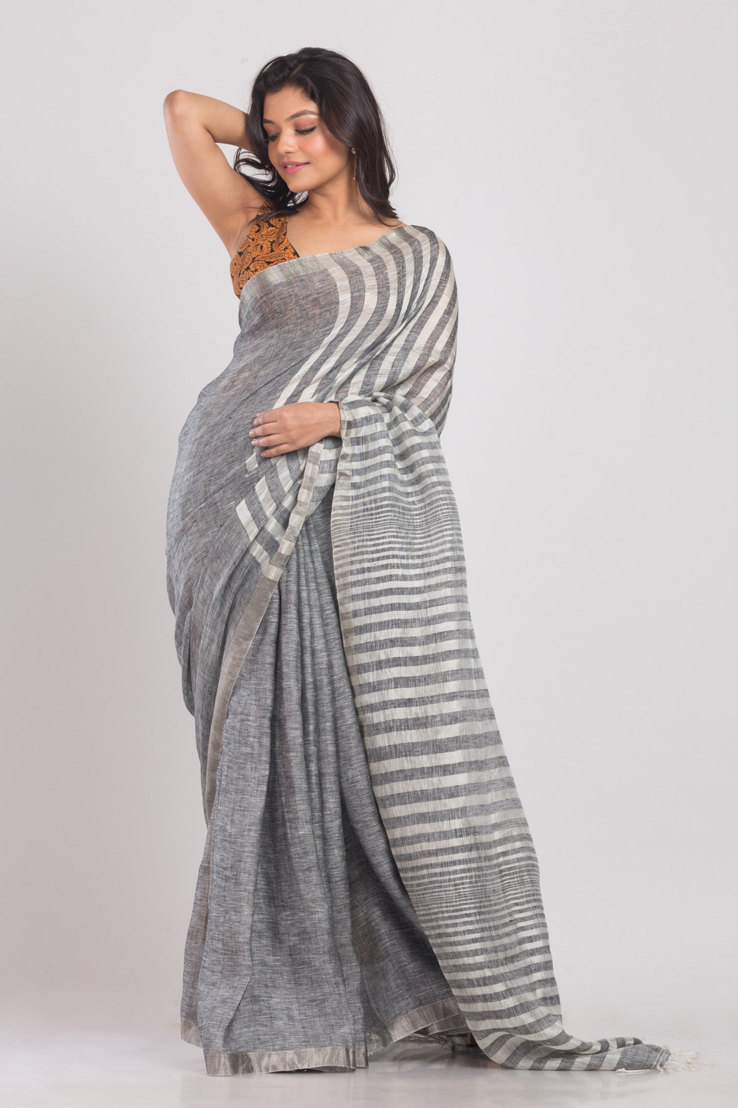 Grey Handwoven Linen Saree