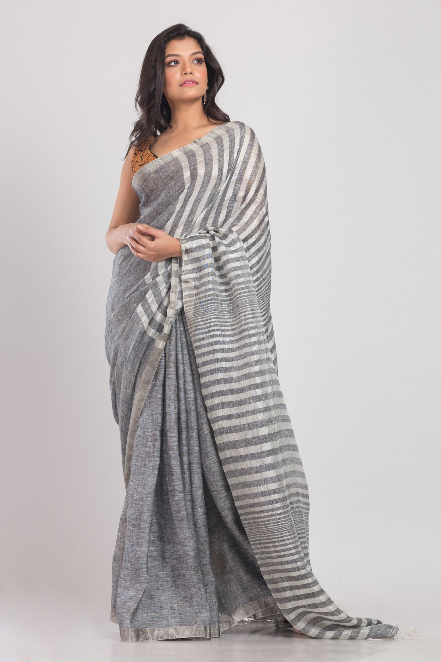 Grey Handwoven Linen Saree