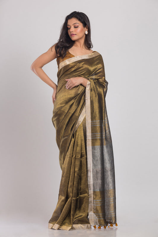 Golden Handwoven Linen Tissue Saree