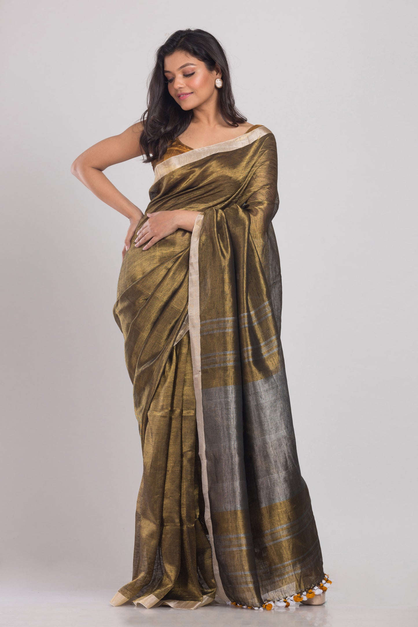 Golden Handwoven Linen Tissue Saree