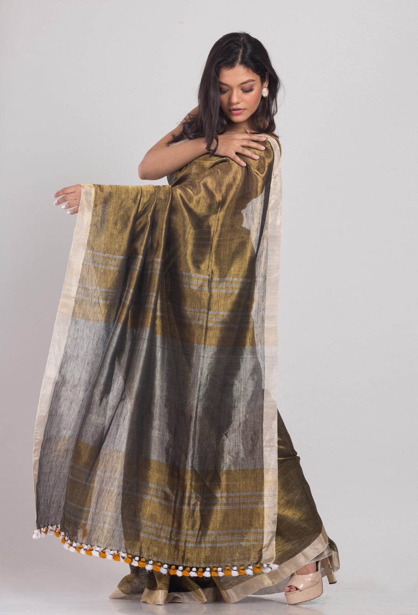 Golden Handwoven Linen Tissue Saree