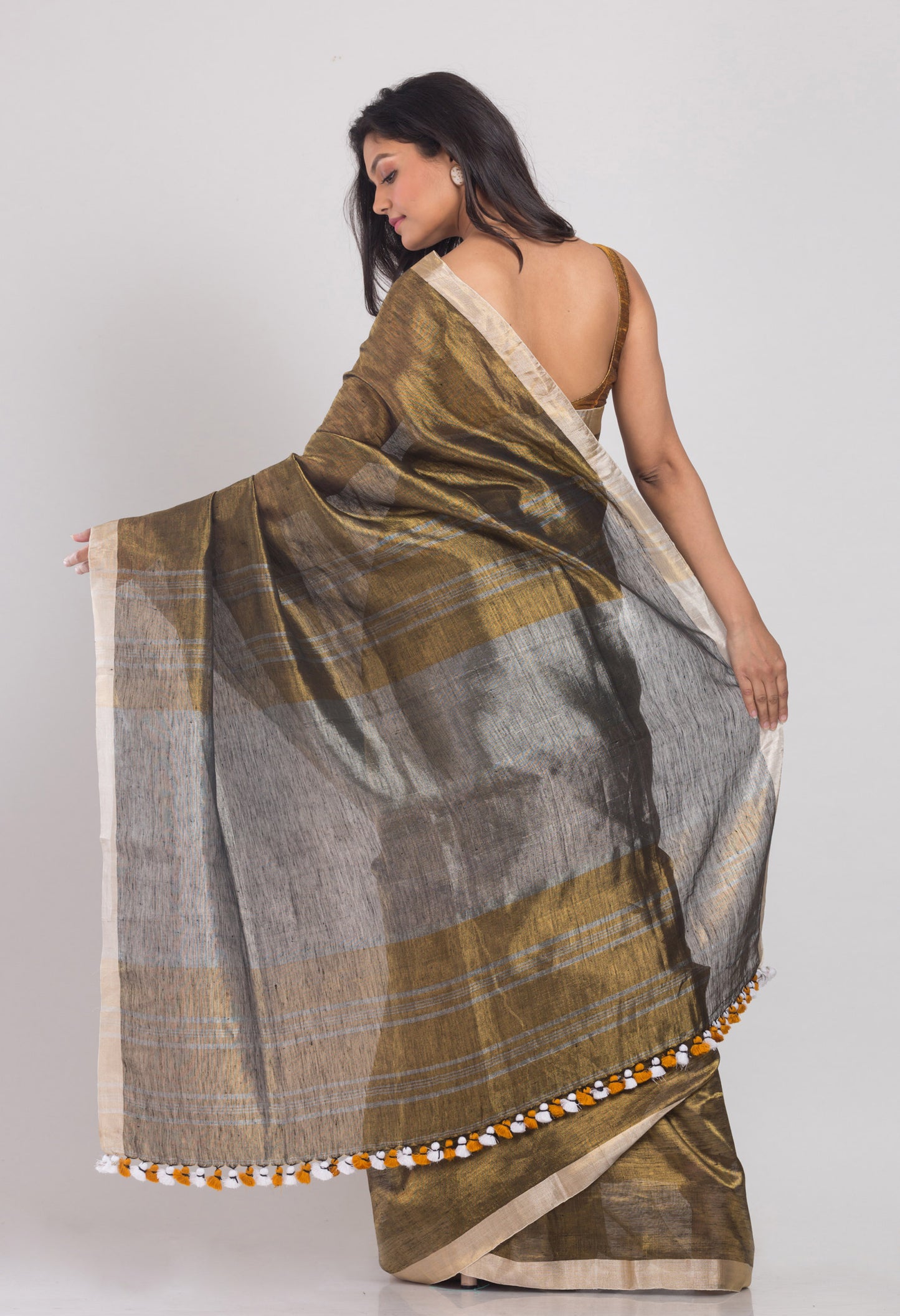 Golden Handwoven Linen Tissue Saree